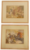 20thC School. Study of three figures on horseback with figures drinking at table outside pub,