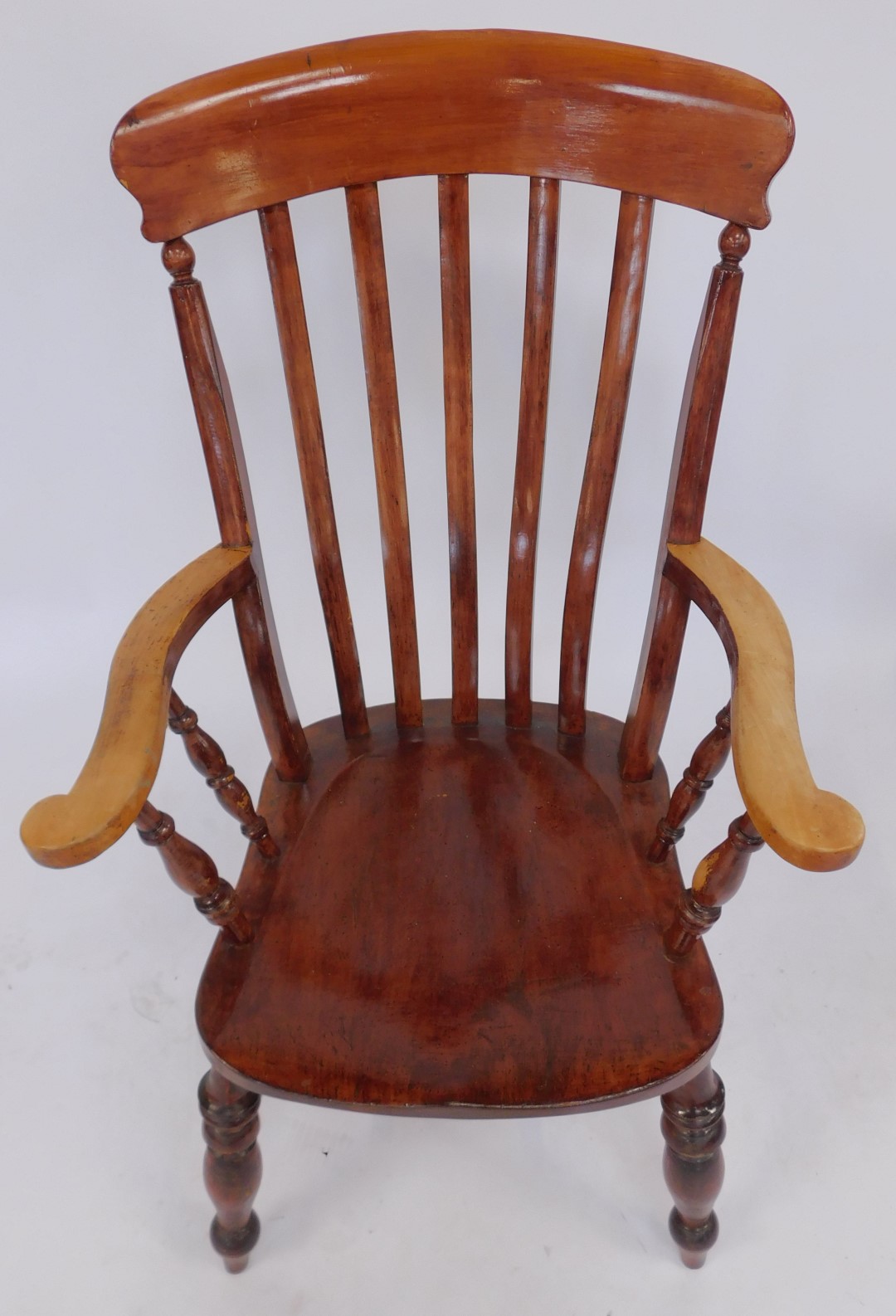 A 20thC stained beech grandfather type chair, with solid rail, lath back, scrolling arms, solid - Image 2 of 3
