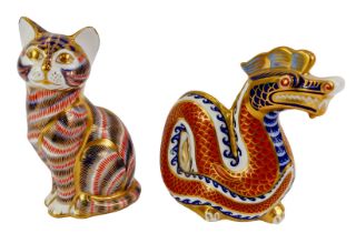 Two Royal Crown Derby porcelain paperweights, modelled as dragon, 11.5cm high, and seated cat,