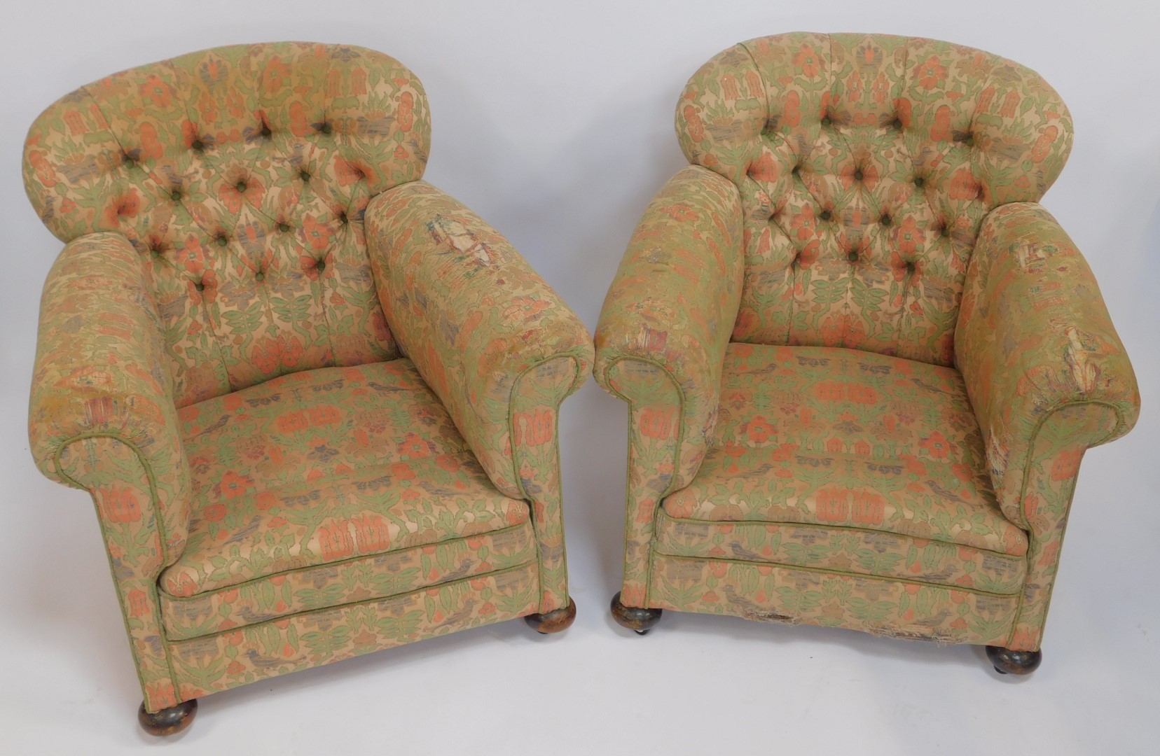 A pair of Victorian armchairs, each with a curved studded back upholstered in floral fabric, on - Image 2 of 7