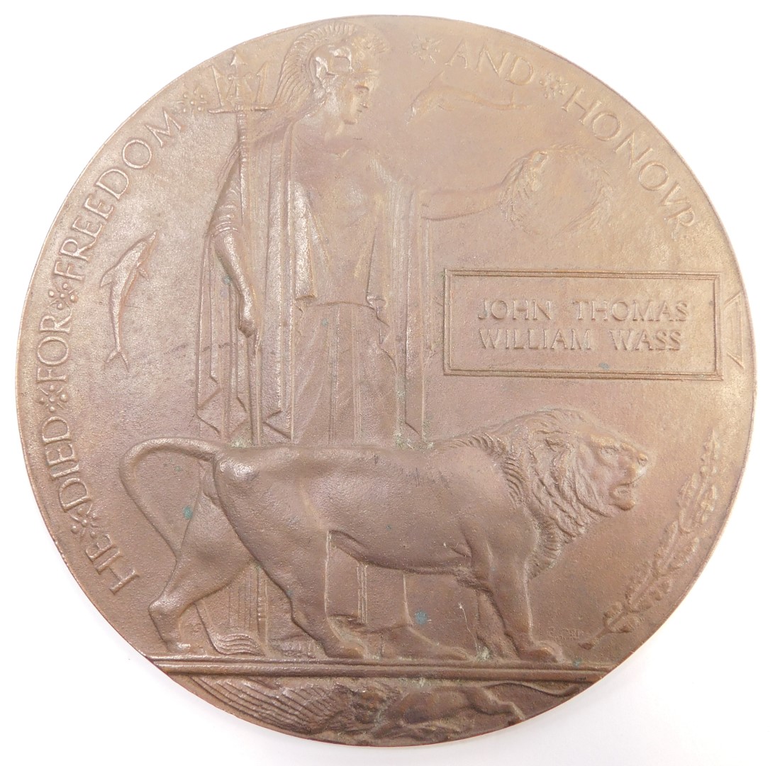 A WWI death plaque, awarded to John Thomas William Wass, in sleeve. - Image 2 of 3