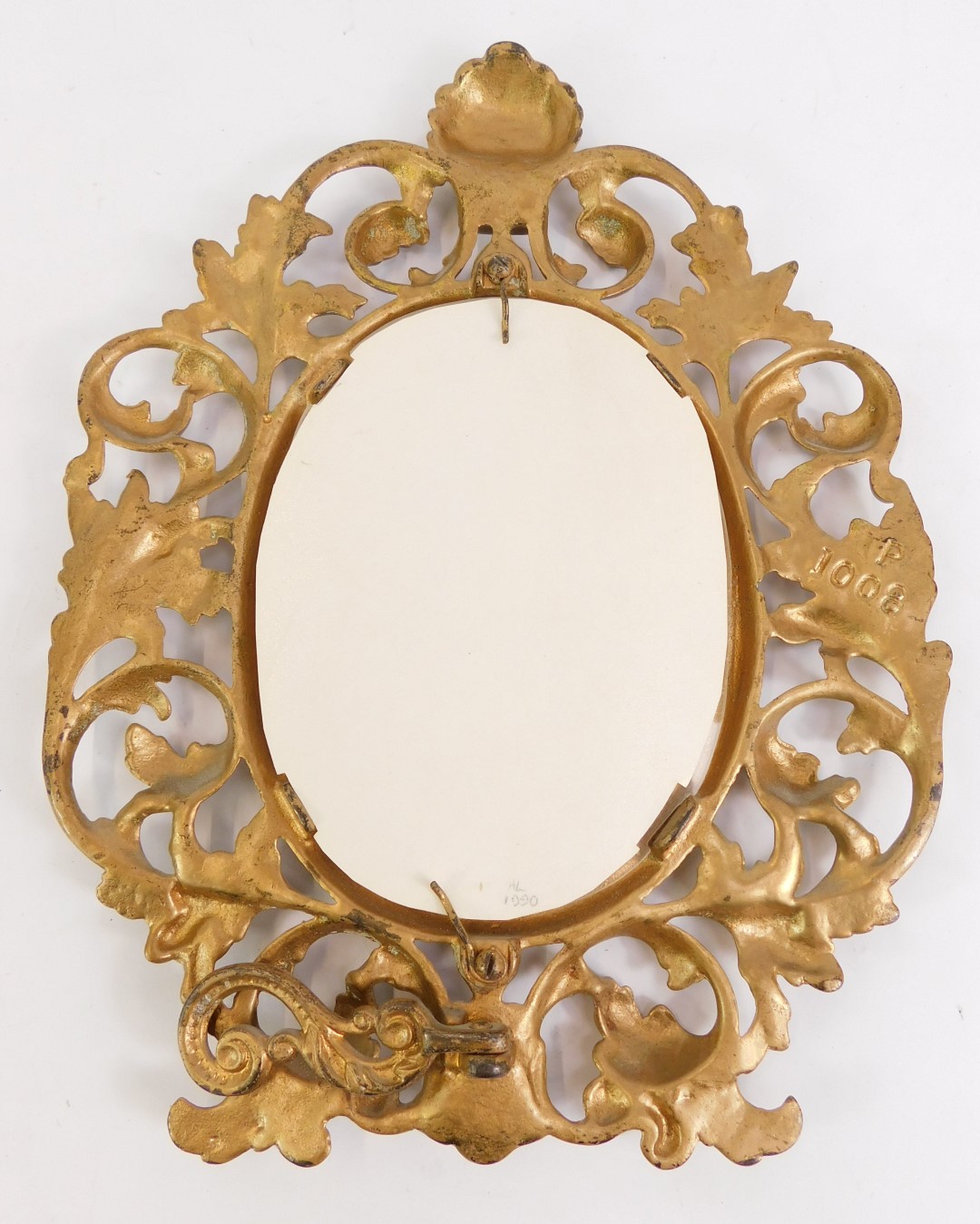 A pair of late 19th/early 20thC gilt metal photograph frames, each with an oval crest, with arched - Image 2 of 2