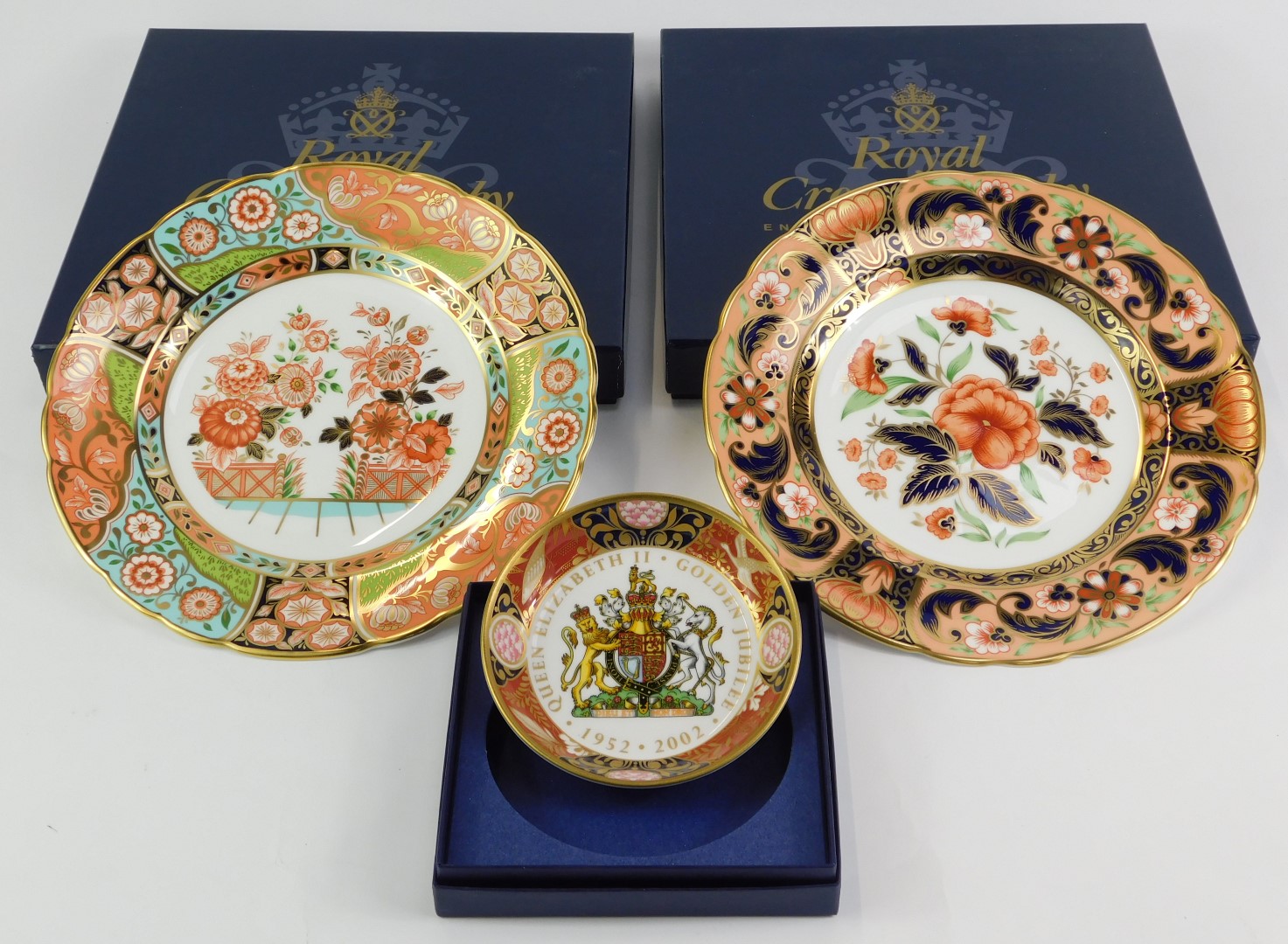 Two Royal Crown Derby porcelain plates, decorated in the Regency Flowers pattern, and the Derby Pink - Image 2 of 3