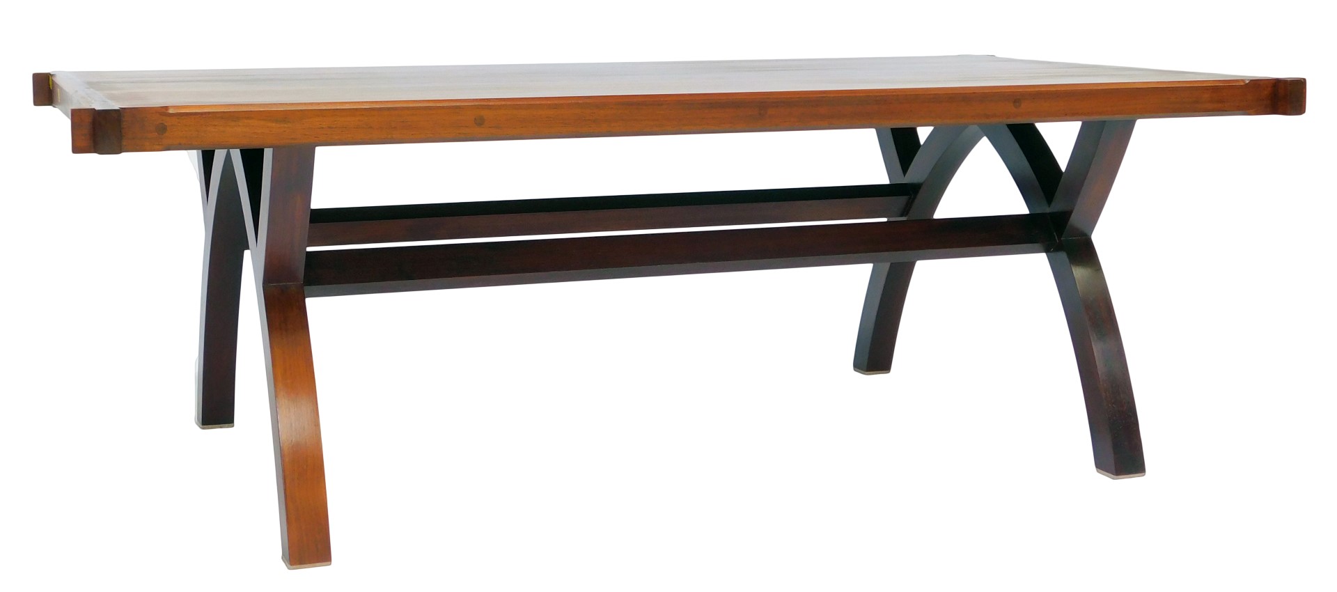 A modern bespoke walnut coffee table, rectangular top raised on arched support united by stretchers,