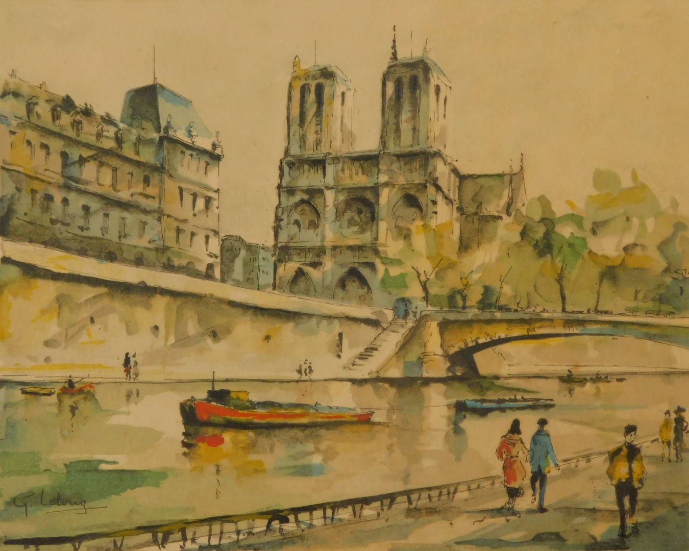 G Lelong (French School). View of Notre Dame on the Bank of the River Seine, watercolour and ink, - Image 4 of 5