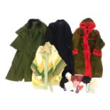 Various coats, to include a green suede coat with red trim and red faux fur hood and lining, a