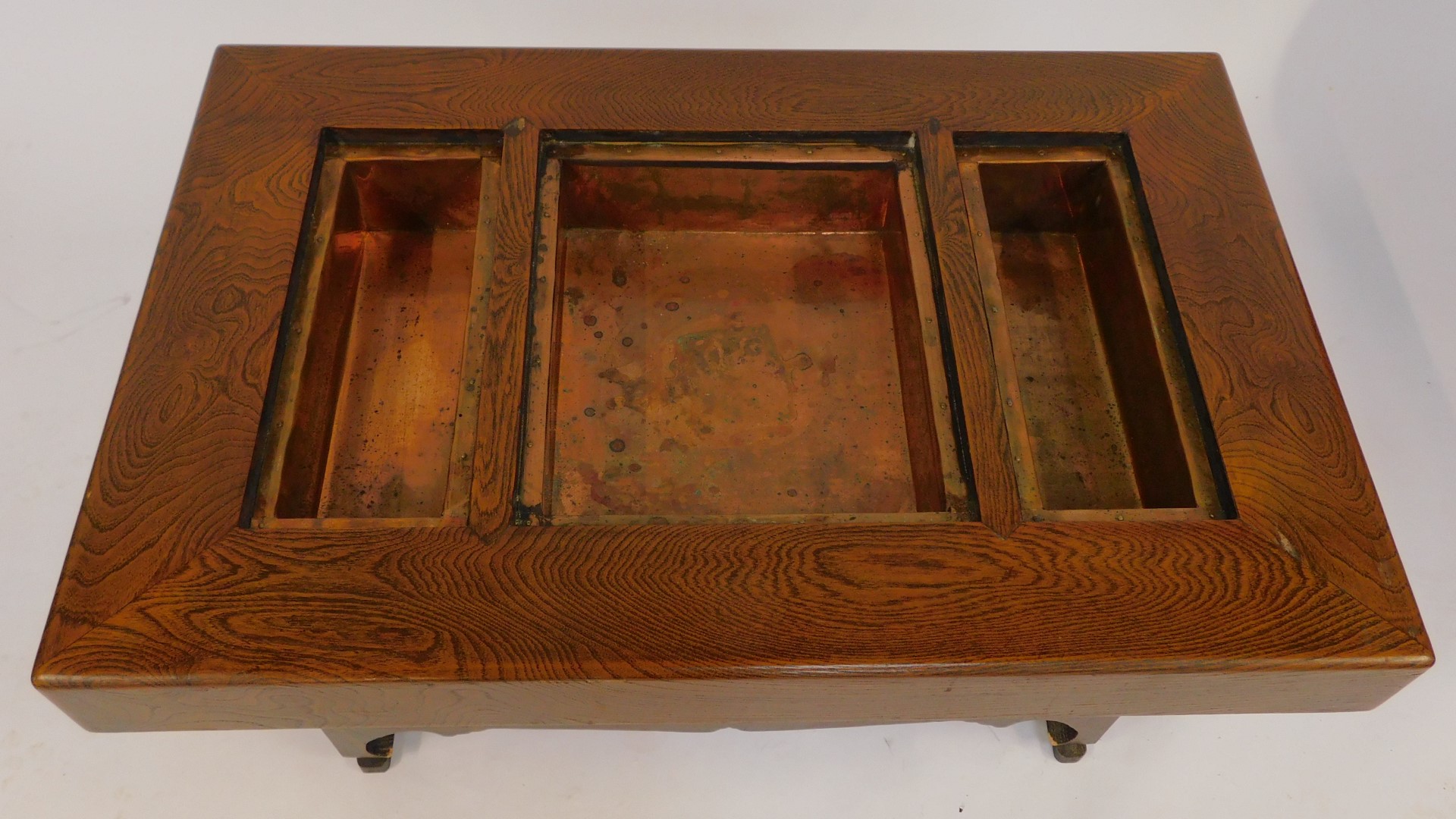 A Korean elm Hibachi, the top with three removable sections enclosing copper dishes, the base with - Image 3 of 7
