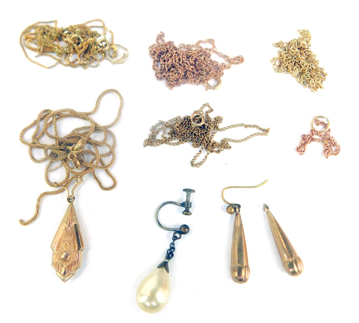 A group of scrap yellow metal, to include four broken chains stamped 9ct, a plated earring, a plated