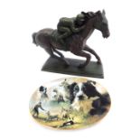 A 20thC resin figure modelled as a jockey riding horse, on rectangular stepped base, unsigned,