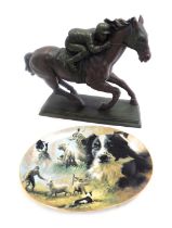 A 20thC resin figure modelled as a jockey riding horse, on rectangular stepped base, unsigned,