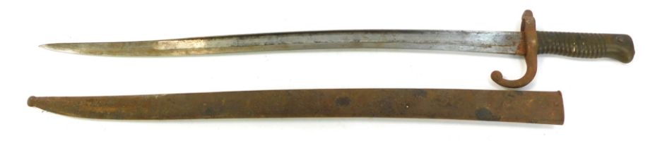 A French Chassepot 1866 pattern bayonet, with steel scabbard, indistinctly numbered, 71cm long