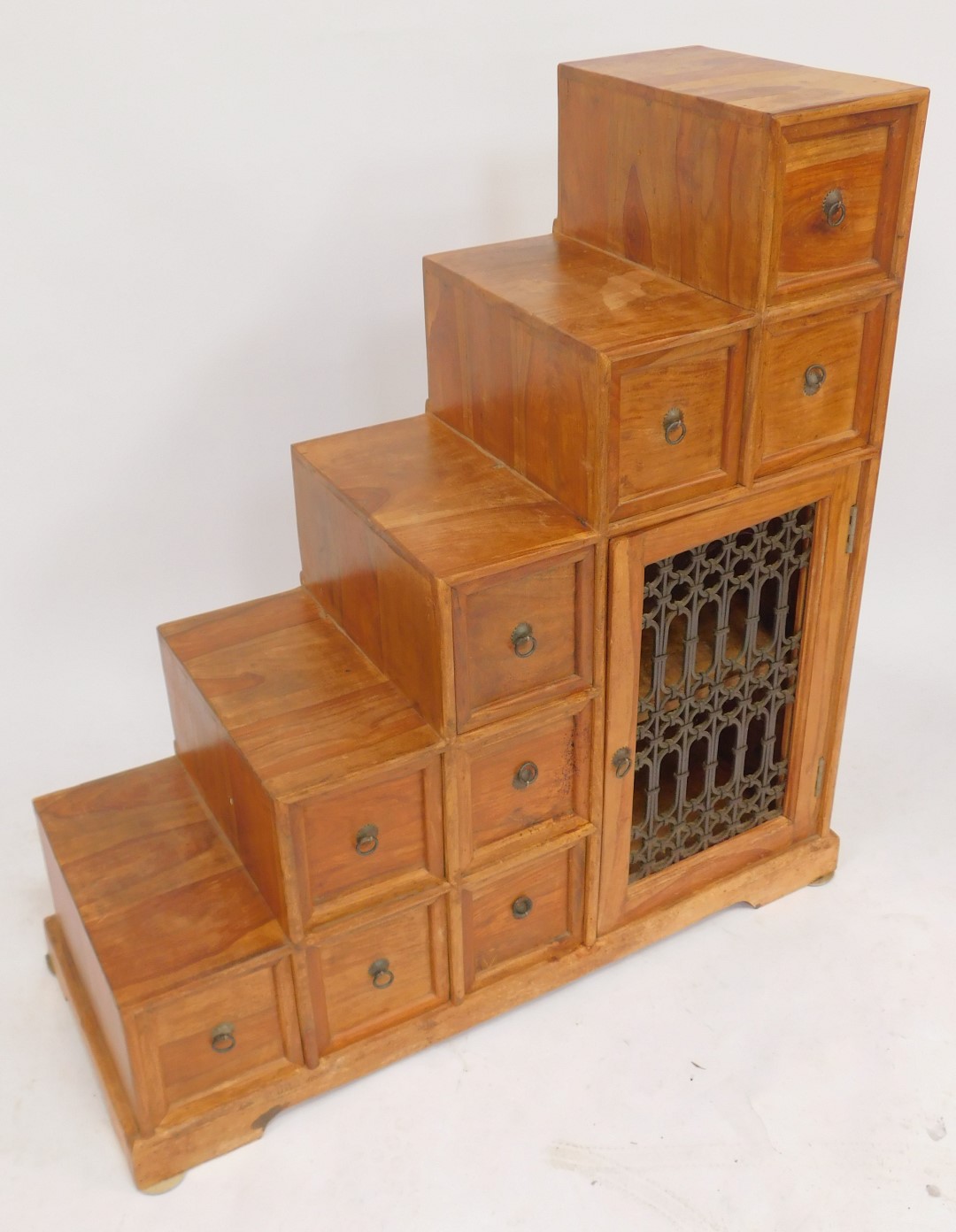 An Eastern mango wood cabinet, of stepped design, with an arrangement of nine drawers, with an - Image 3 of 4