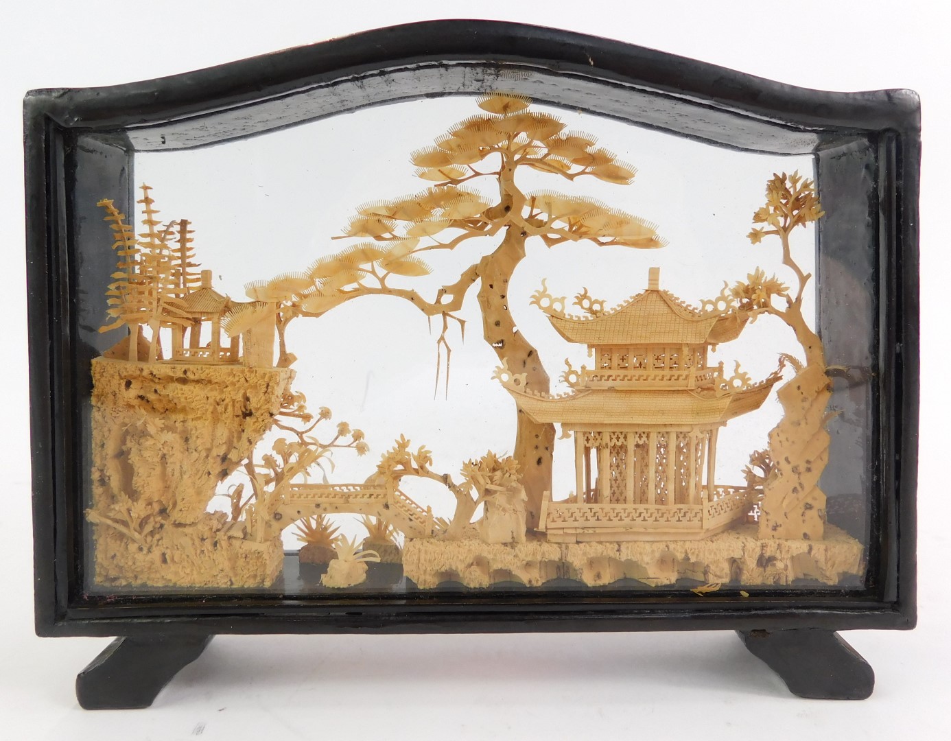 A Chinese carved cork picture, depicting storks before pagodas, with trees, in a black frame, 14.5cm - Image 2 of 2
