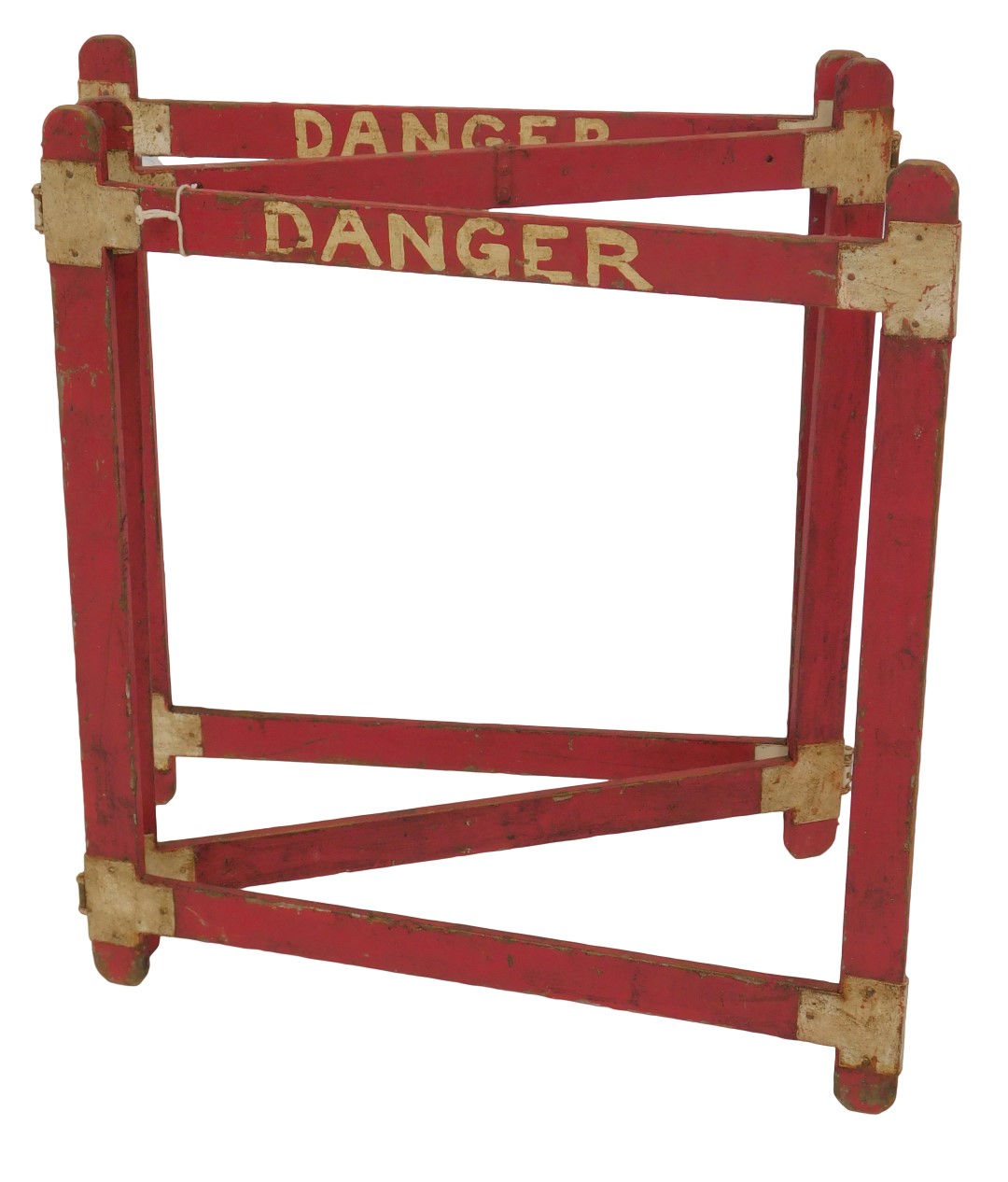 A mid century painted pine fence, sign written Danger, in three hinged sections, 78cm high, each