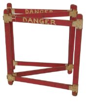 A mid century painted pine fence, sign written Danger, in three hinged sections, 78cm high, each
