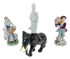 A collection of 19thC and later ceramics, comprising a blanc de chine figure of Guan Yin, 25cm high,