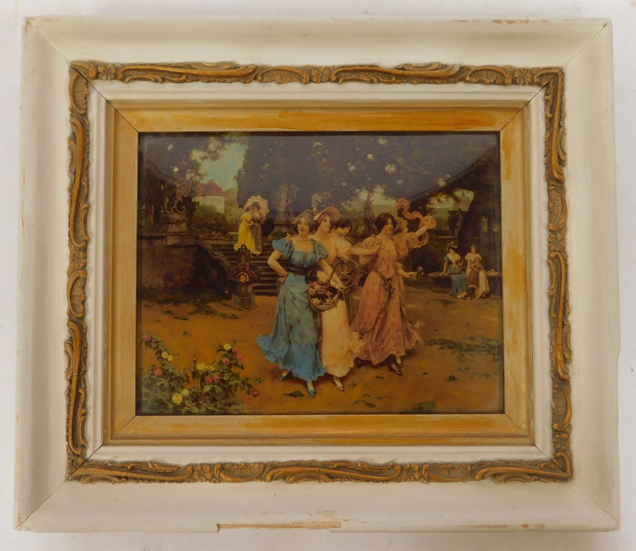 A late 19th/early 20thC crystoleum, depicting ladies holding flower baskets, signed W. Menker?, 19. - Image 2 of 4