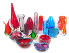 A group of coloured glass, to include four pieces of Whitefriars style glass, comprising three vases