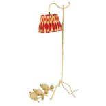 A 20thC painted brass standard lamp, the pink and cream pleated shade, 132cm high, together with a