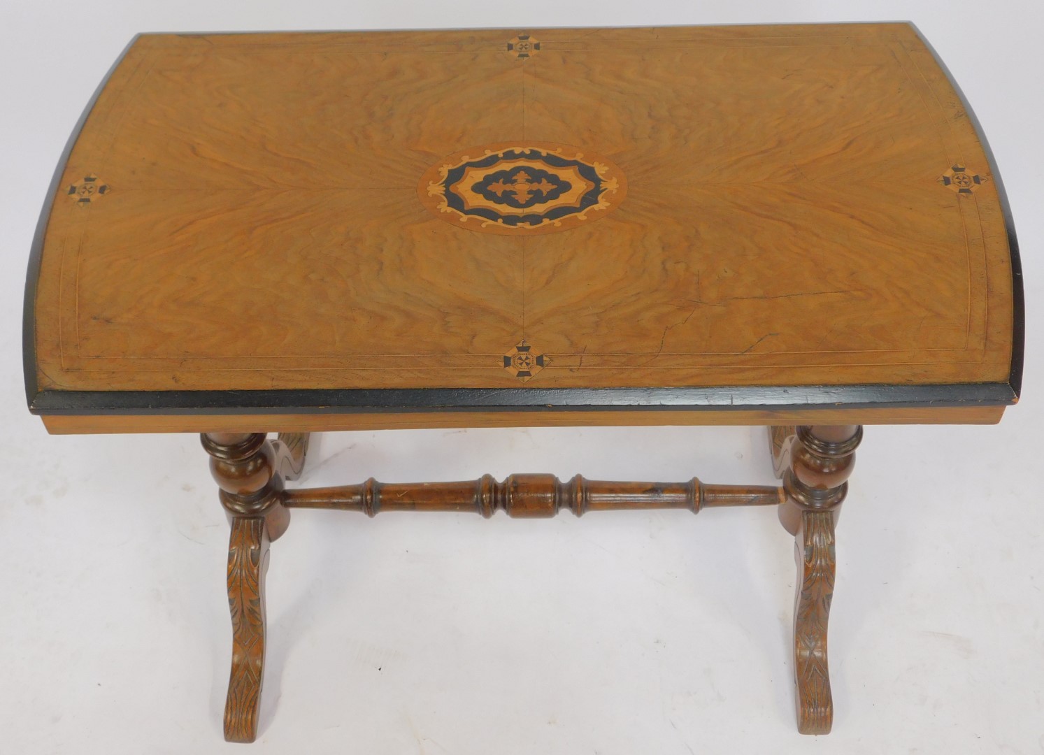 A Victorian walnut and marquetry inlaid occasional table, the shaped rectangular top inlaid with - Image 2 of 4