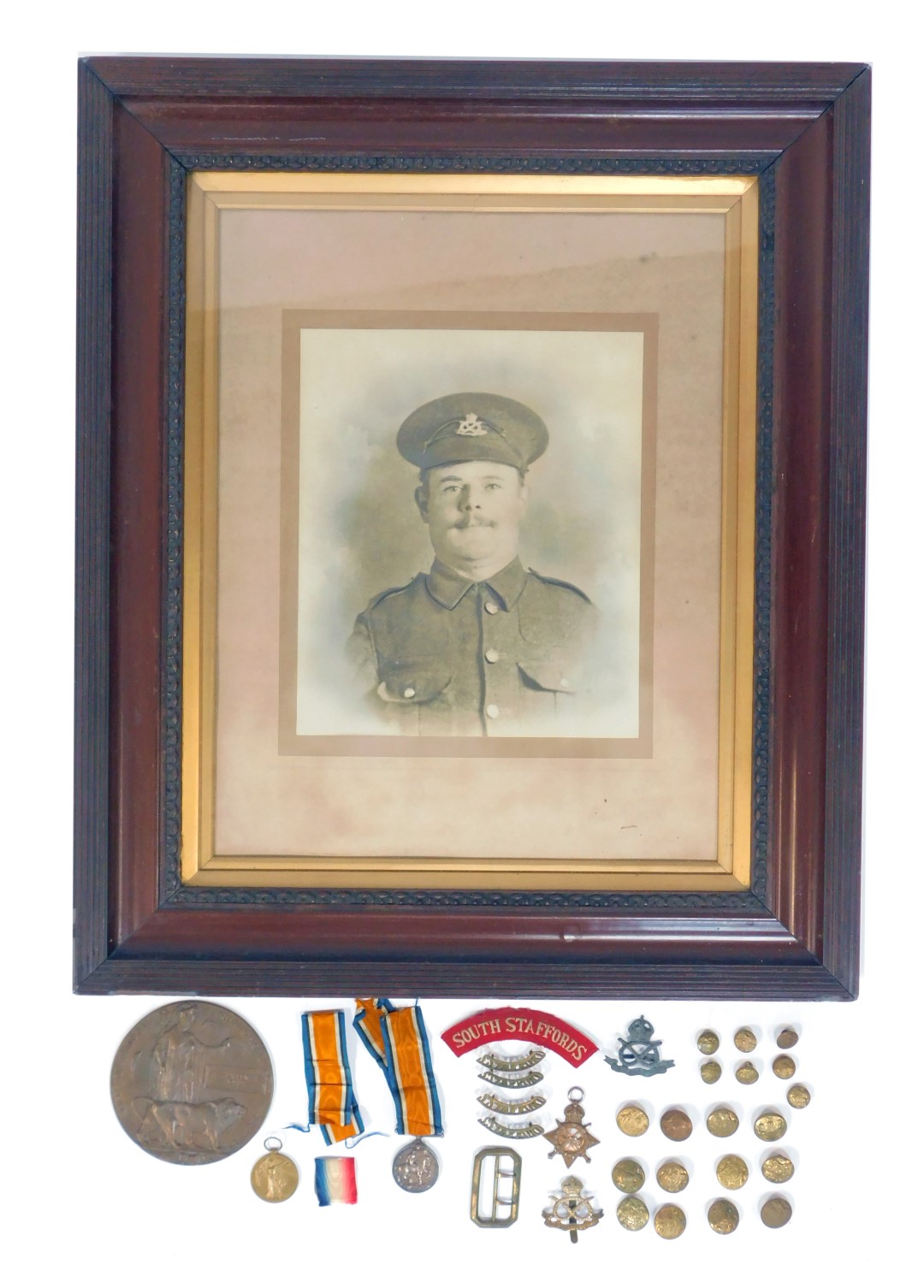 Three World War I medals, named to Private AE Jones, South Staffordshire Regiment, 14787, comprising