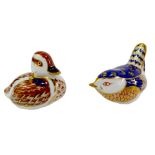 Two Royal Crown Derby porcelain bird paperweights, comprising duckling, red printed marks and gold