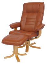 A Stressless style armchair, upholstered in brown leather, on a beech base, with matching