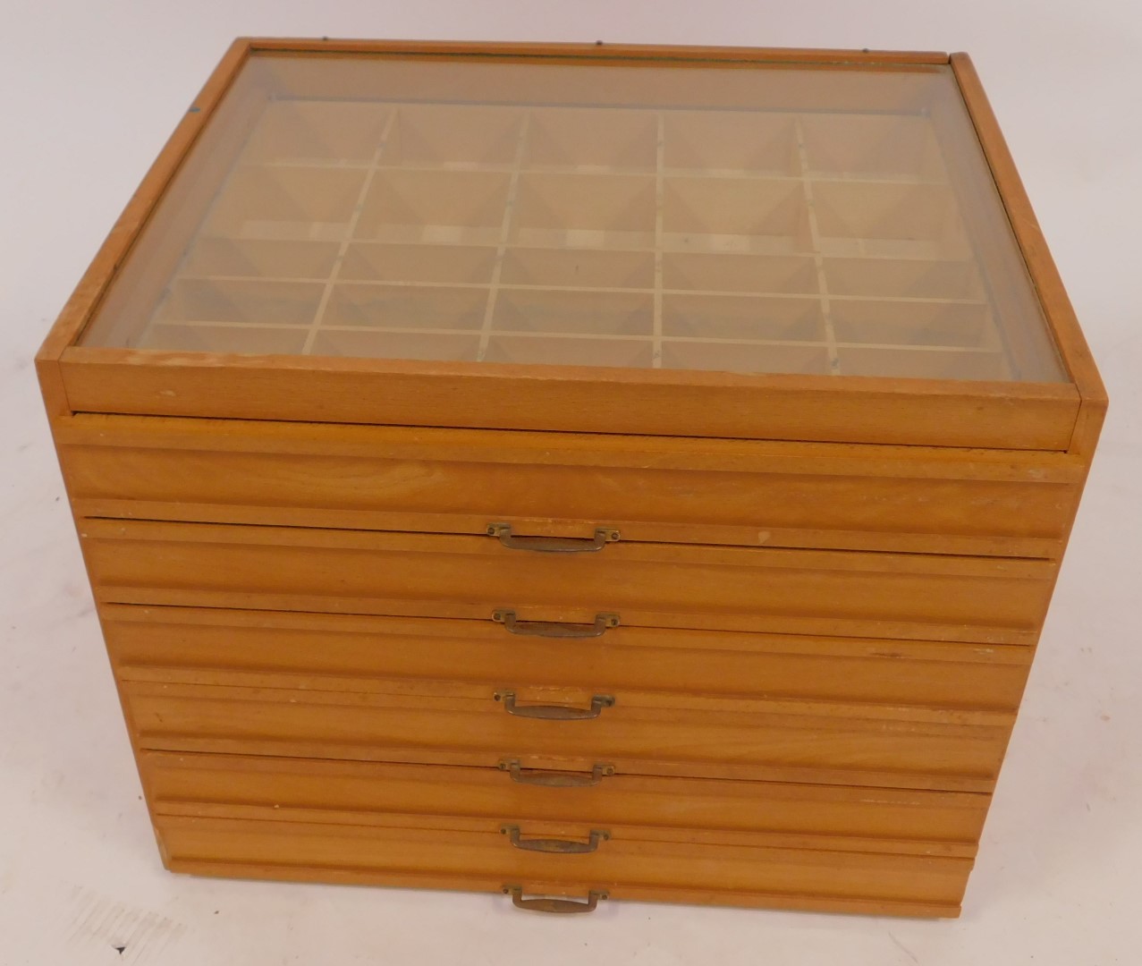 A beech tabletop haberdashery cabinet, the top with a glass panel, base with six drawers, each - Image 2 of 4