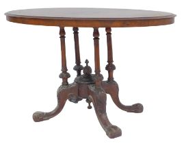 A Victorian walnut and inlaid occasional table, the oval top with floral scroll and line inlay