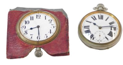 A Goliath silver plated pocket watch, with white enamel Roman numeric dial, seconds dial and blue