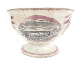 A 19thC pottery Sunderland pedestal bowl, depicting West View of the Cast Iron Bridge over the River