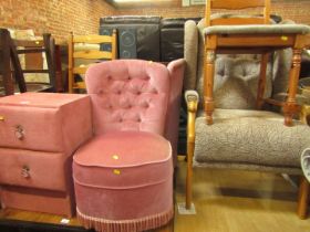 Assorted furniture, comprising two pine chairs, two pink bedroom chairs, a pink finish two drawer