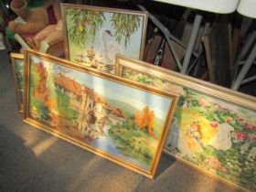 Pictures and prints, comprising rose tapestries, cottage scenes, etc. (1 bay)