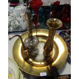 An Eastern brass charger, with after Reynolds Age of Innocence print, silvered finish coffee pot and