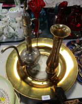 An Eastern brass charger, with after Reynolds Age of Innocence print, silvered finish coffee pot and