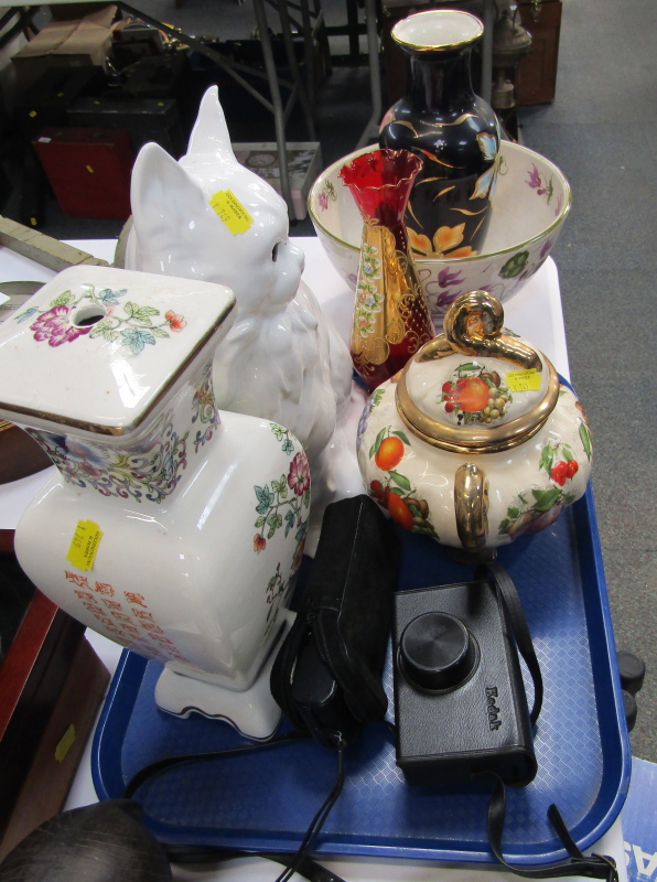 Various ceramics, including a white glaze pottery cat, Oriental style lamp base, Bohemian red