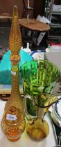 Various decorative glassware, comprising orange glass decanter, jug, green glass vase, etc. (a