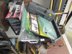 A toolbox and various accessories, to include car cover sets, a Kuga cased drill, Lucas windscreen