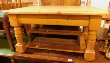 A low pine coffee table, and a storage rack. (2)