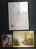A small group of pictures and prints, comprising a black and white map plan of Boston, various