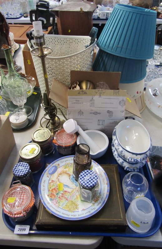 Household wares, comprising phone stand, waste paper basket, blue tureens, glass jam jars, Peter