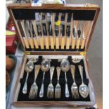 A cased canteen of silver plated and bone handled cutlery, in oak case.