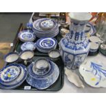 Various blue and white wares, comprising dinner plates, vase, horse d'oeuvres type dish, etc. (3