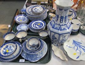 Various blue and white wares, comprising dinner plates, vase, horse d'oeuvres type dish, etc. (3