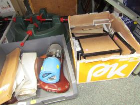 A Christmas tree base, Brook saddle seats, camping stove, door locks, empty picture frames, etc. (