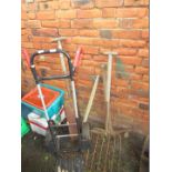 A sack barrow, various agricultural tools, balance, etc. (a quantity)