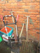 A sack barrow, various agricultural tools, balance, etc. (a quantity)
