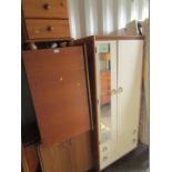 A pine three drawer bedside, blanket box, two door cupboard, and a single wardrobe. (4)