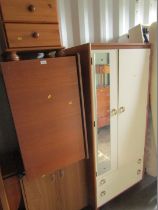 A pine three drawer bedside, blanket box, two door cupboard, and a single wardrobe. (4)