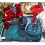 A group of Art Glass, comprising four red finish wares, comprising one jug and three vases, a blue